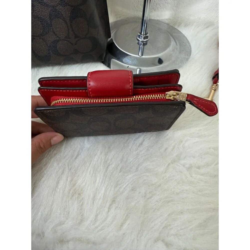 Coach Town Bucket Bag Red Brown Monogram Coated Canva Leather WT Matching Wallet